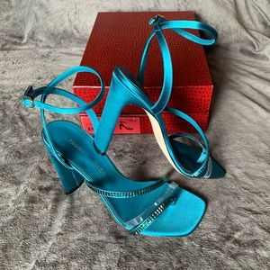 Tamara Mellon High Stakes Teal Blue Satin Crystal Embellish Sandal Heels 40 NEW